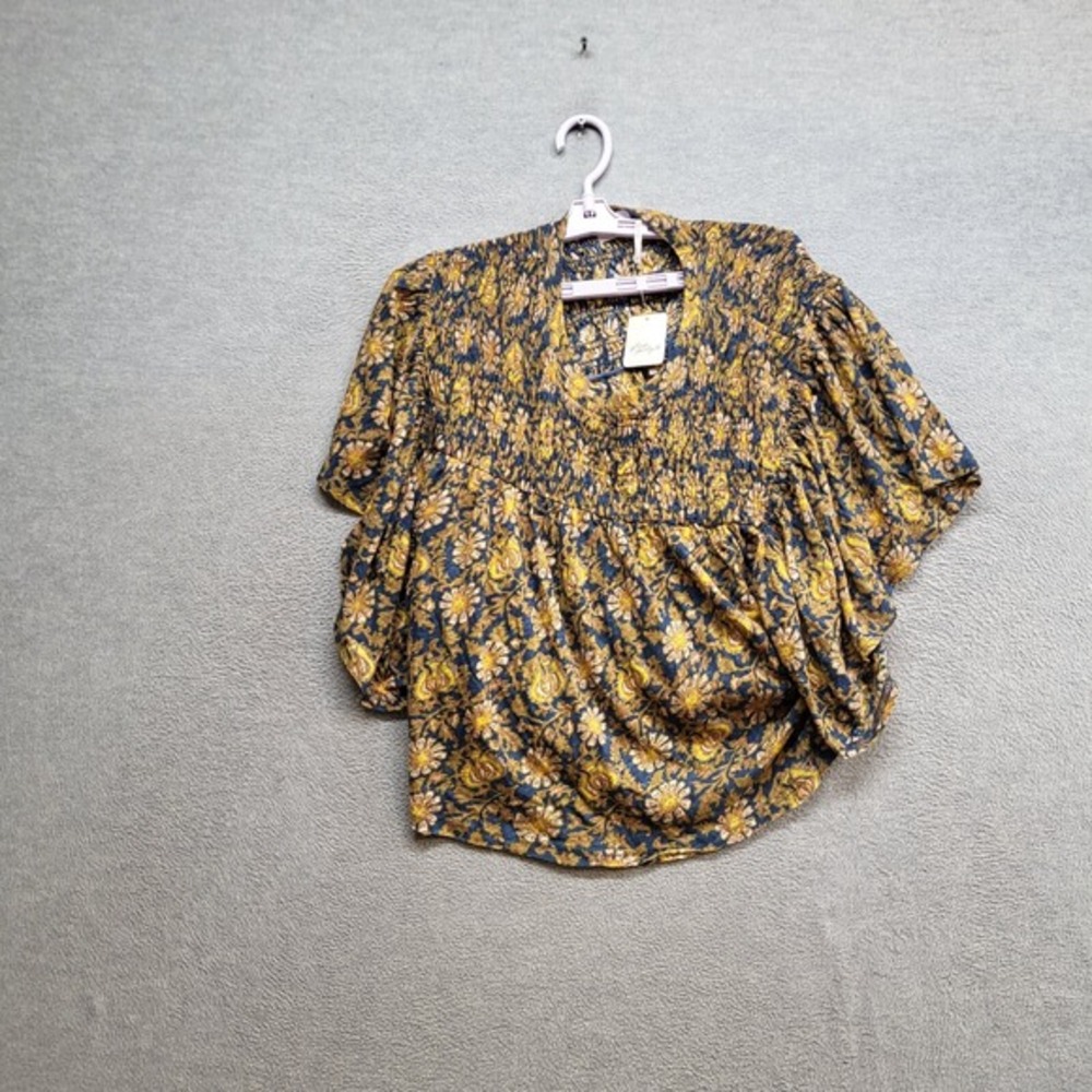 Free People Women Top L Blue Floral Printed Ruffled Up Blouse Linen Blend NWT